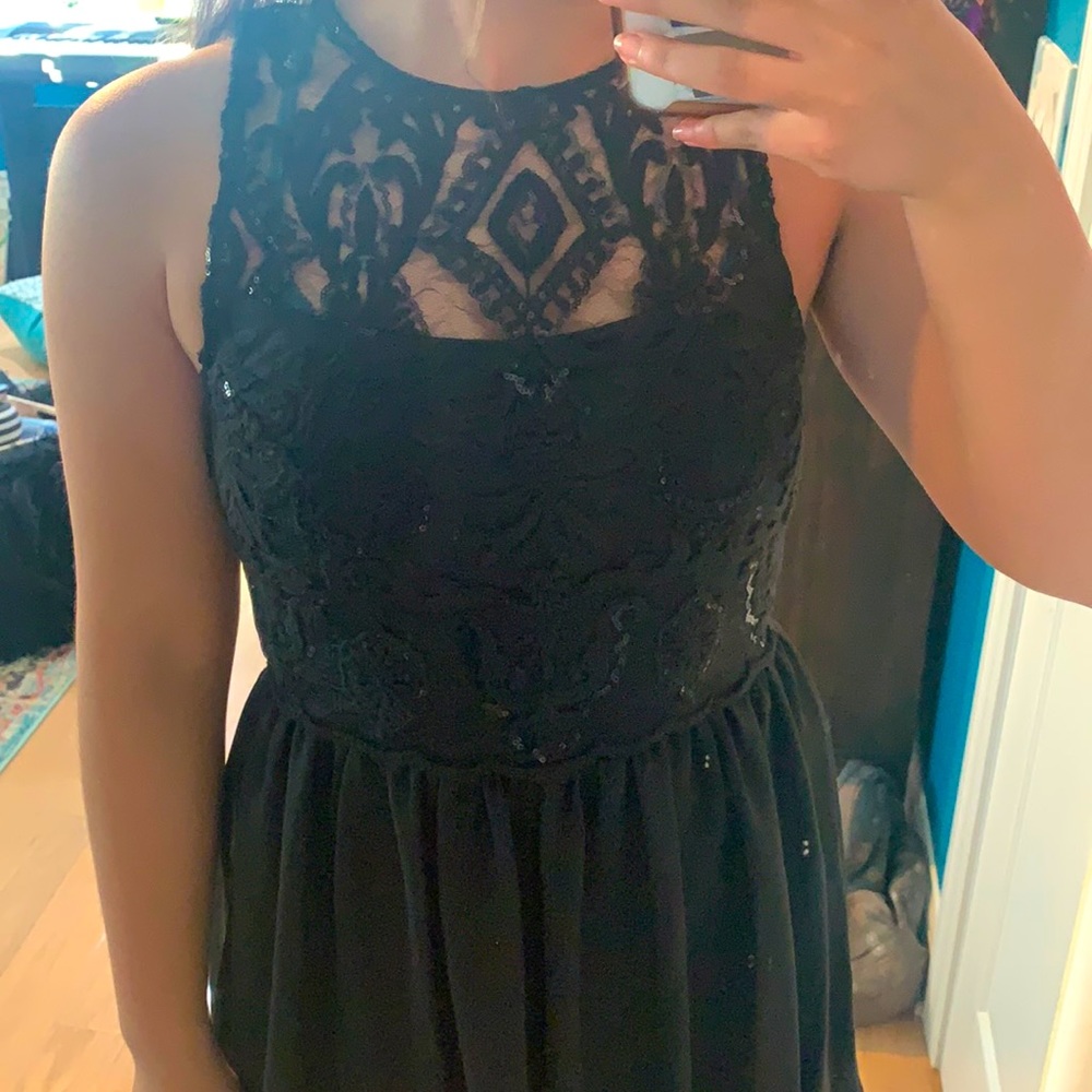 Black sequin lace event dress
